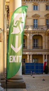 Green exit banners at the Schlüter Hof exit in the Humboldt Forum, Berlin, Germany