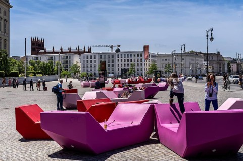 Plastic seating elements in front of the Humboldt Forum and the Lustgarten, Berlin, Germany