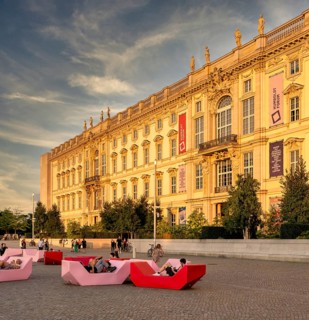 Plastic seating elements in front of the Humboldt Forum and the Lustgarten, Berlin, Germany