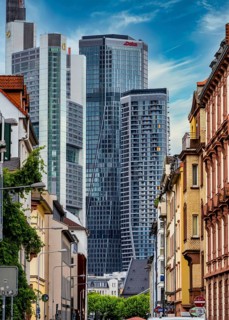 Old town with view of the Deka skyscraper, Frankfurt am Main, Hesse, Germany