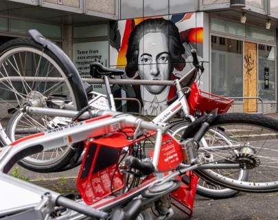 Overturned Deutsche Bahn rental bikes on public roads, Frankfurt am Main, Hesse, Germany