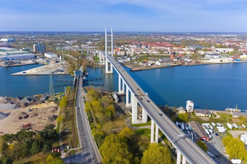 Aerial view over New Rügen Bridge and the old drawbridge at Stralsund along the Strelasund, sound