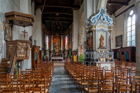 12th century Church of Our Lady, Onze-Lieve-Vrouwekerk interior in the village Wulveringem in
