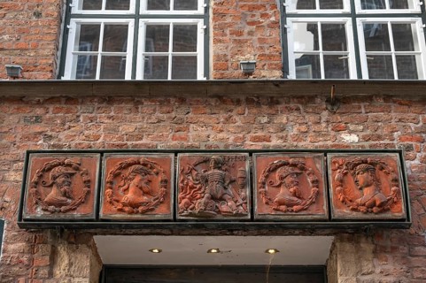 Terracotta decoration above the entrance to the Schabbelhaus, a Renaissance building built in 1558,