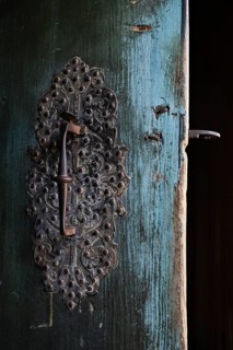Wrought iron door lock with handle, Maihaugen open-air museum with houses and objects from farms in