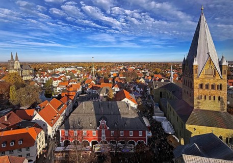 View from above from the Look mobile Skylift 360 degree panorama of St. Patrokli Cathedral and the