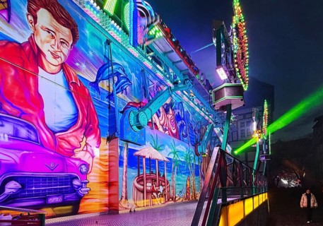 Colourfully illuminated All Saints Fair at night, the largest old town fair in Europe, Soest, North