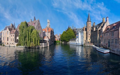 Famous view of Bruges old city with the Belfry and the Dijver canal, Bruges, Flanders, Belgium