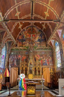 Holy Blood chapel, Central nave with Stained-glass window, Bruges, Belgium