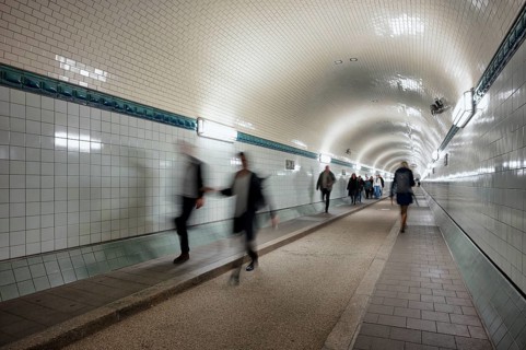 Interior view, pedestrians crossing tunnel, mopping effect, tube, historic old Elbe Tunnel, Free