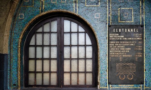 Information board, Old Elbe Tunnel entrance, Free and Hanseatic City of Hamburg, Germany