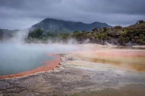 The champagne pool in the Waiotapu geothermal area (Wai-O-Tapu) . orange and yellow. Waiotapu,