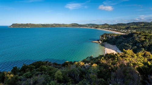 Landscape with sea and sandy beach in New Zealand. View of Lonely Bay and Cooks Beach from