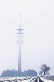 A television tower in fog rises above a snow-covered landscape, Schöppinger Berg, Münsterland,