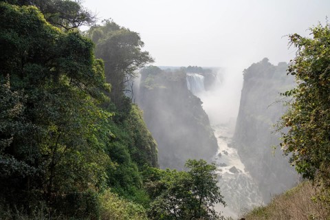 Water plunges into the depths, Victoria Falls with gorge and jungle, Zambezi, Zimbabwe