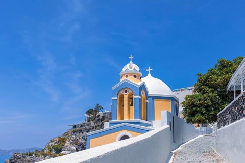 Greece Islands, scenic panoramic sea views of Santorini island from top outlook of Fira village