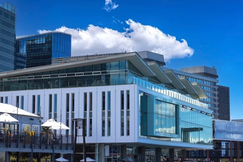 Scenic Panoramic skyline of Wellington downtown harbor and financial center in New Zealand