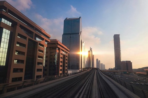 Dubai downtown financial skyline and business shopping center near Dubai Mall and subway metro line