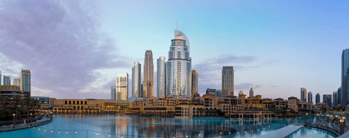 UAE, Dubai panoramic view of city downtown, Dubai Mall and Dubai Fountain