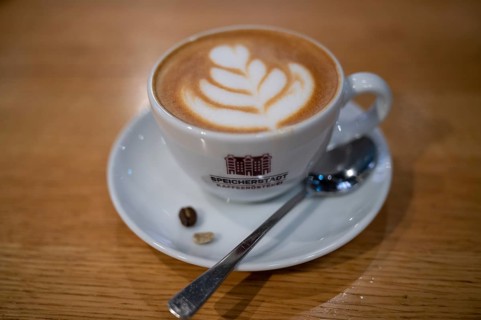 Cappuccino cup, coffee, wooden table, logo, coffee roastery, food, Free and Hanseatic City of