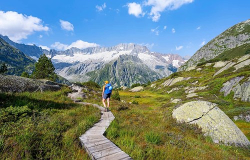 Female mountaineer on wooden plank path through mountain moor, in front of picturesque mountain