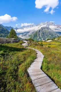 Wooden plank trail through mountain moor, in front of picturesque mountain scenery, Dammastock and
