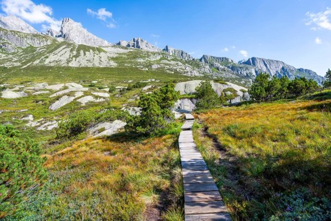 Wooden plank trail through mountain moor, in front of picturesque mountain landscape, Göscheneralp,