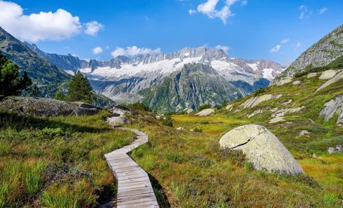 Wooden plank trail through mountain moor, in front of picturesque mountain scenery, Dammastock and