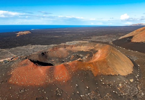 Montaña Quemada volcano, volcanic landscape with craters and lava fields, aerial view, Lanzarote,