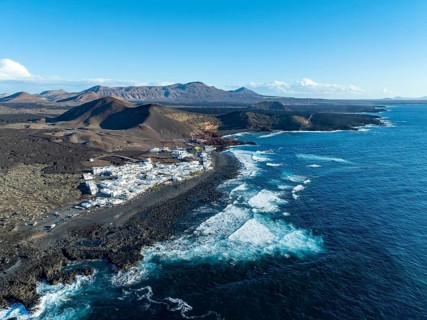 Coastal village fishing village El Golfo, volcanic landscape, coastal landscape, aerial view,
