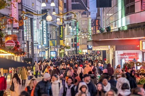 The Westenhellweg in Dortmund, pedestrian zone, city center, busy shopping street in mid-November,
