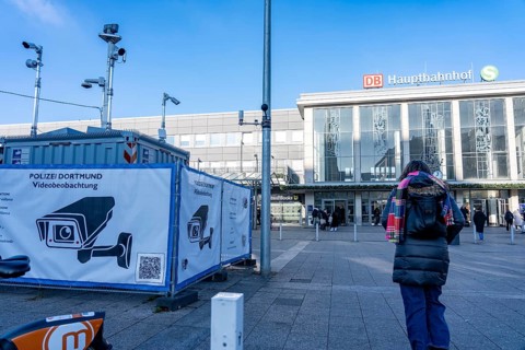 Downtown Dortmund, in front of the main train station, the police have set up comprehensive video