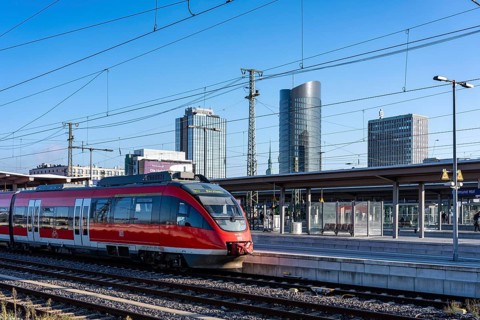 The skyline of downtown Dortmund, seen from the main train station, Regionalbahn, RB43, North