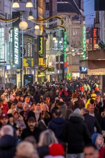 The Westenhellweg in Dortmund, pedestrian zone, city center, busy shopping street in mid-November,