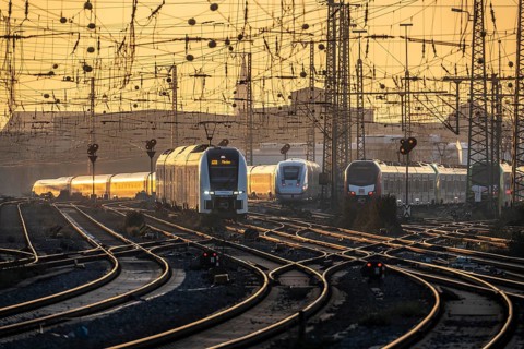 Local transport trains on the tracks, west of Dortmund Central Station, ICE, RRX Zug, North