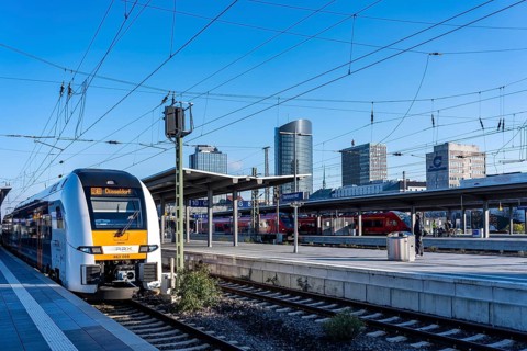 The skyline of the city center of Dortmund as seen from the main train station, Rhine-Ruhr Express,