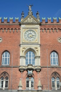 Facade of the town hall in Odense with the figures Power, Justice and Wisdom on top, Fyn, Funen