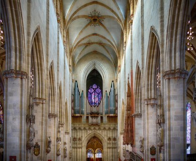 Interior view, main organ on the west gallery, central aisle facing west, Our Lady of Ulm, Ulm