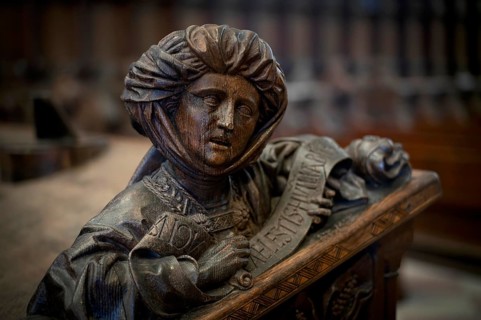 Interior view, picture carving in choir stalls, Ulm, Baden-Württemberg, Germany