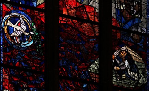 Interior photo, Dove of Peace, Window of the Promise by Peter Valentin Feuerstein, stained glass