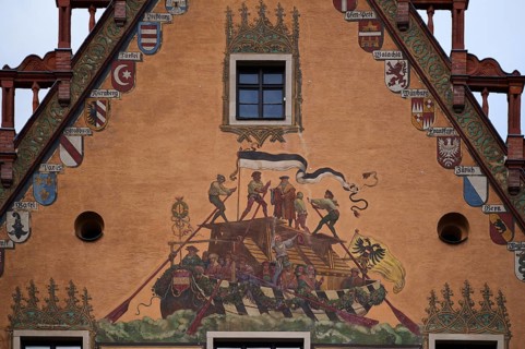 Painted façade, fresco cycle, town hall, old town, Ulm, Baden-Württemberg, Germany