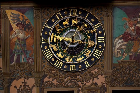 Astronomical clock, painted façade, fresco cycle, town hall, old town, Ulm, Baden-Württemberg,