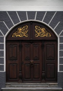 Portal, ornaments, door knob, knocker, historic Leube house, Leube house, old town, Ulm,