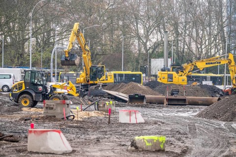 Large construction site in the city center of Essen, the large intersection of Hollesstraße and