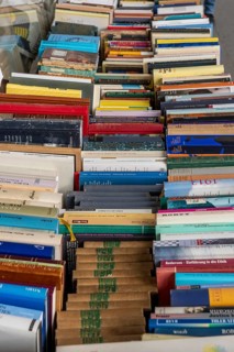Table with partly old books, offered by a second-hand bookshop