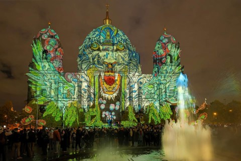 Festival of Lights Cathedral with Spingbrunnen Berlin Germany