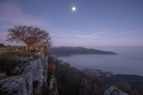 Dawn with moonlight illuminates Teck Castle over the fog Breitenstein, Swabian Jura,