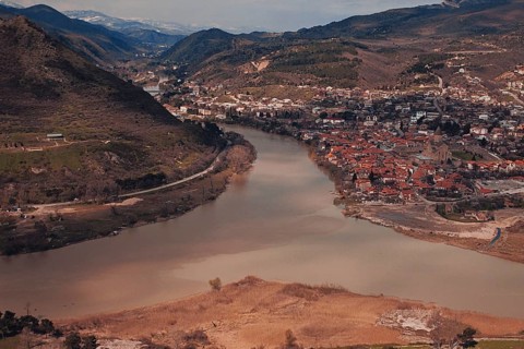 View of Mtskheta, Svetitskhoveli Temple, the confluence of the Aragvi and Kura rivers, at the top