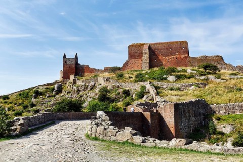 Ruins of Hammershus Fortress, medieval castle ruins on a cliff, ring wall, tourist attraction,
