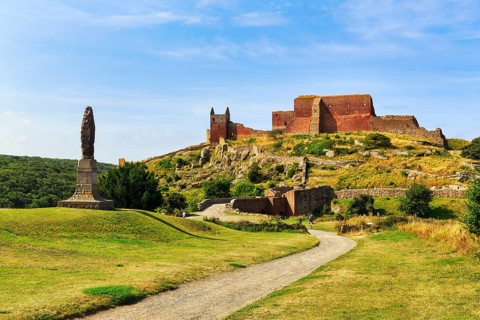 Hammershus fortress ruins, medieval castle ruins on a cliff, tourist attraction, Allinge-Sandvig,